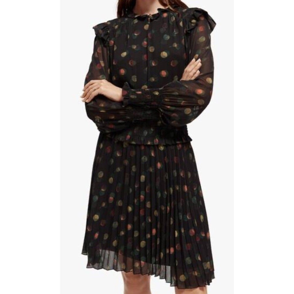 Scotch & Soda Polka Dot Smocked Ruffle Midi Dress Pleated Elegant Size M